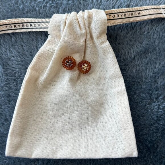 Tory Burch Brown and Gold Logo Stud Earrings NWOT - Picture 3 of 3